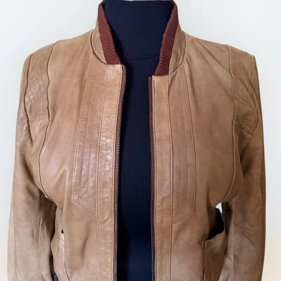 Black Rivet Soft Tan Leather Zippered Moto Bomber Jacket XL - Picture 2 of 8